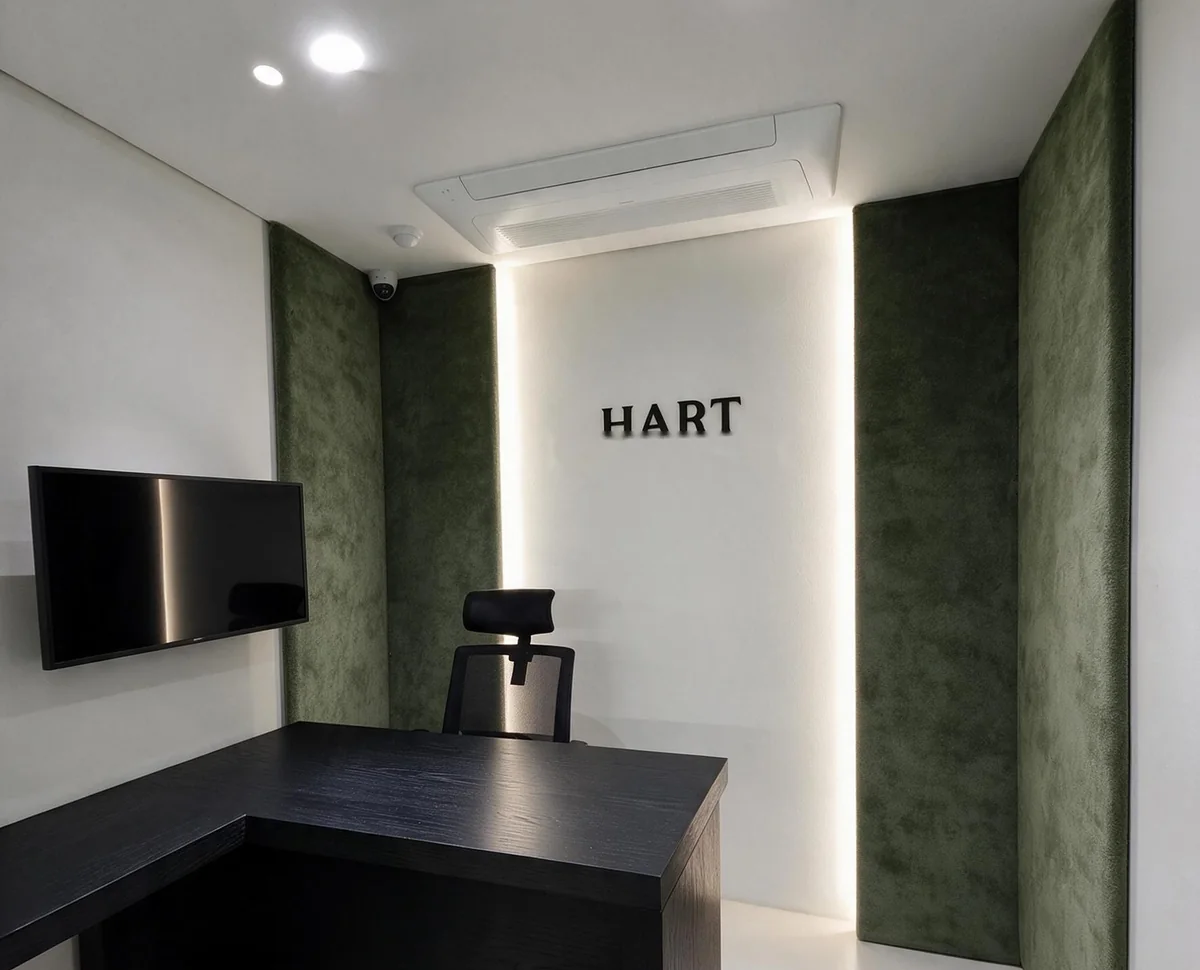 초록 스웨이드 벽과 HART 글자가 있는 상담실